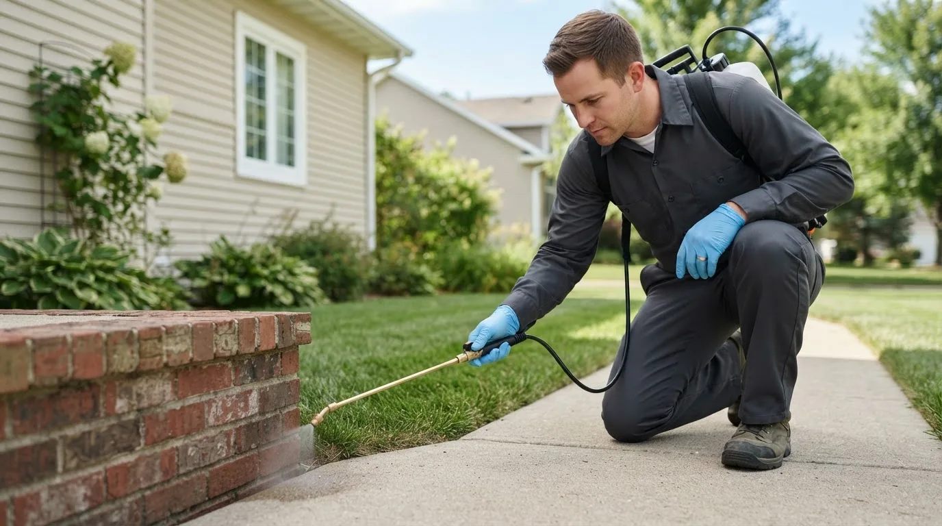 Pest control technician treating a home near Beloit, WI